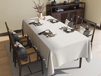 Dining Table Set With White Tablecloth Wooden Chairs Tableware Vase And Decorative Cabinet 3d model