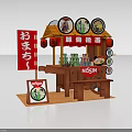 Japanese Ramen Stall with Tonkotsu Ramen Signboards Lanterns Wooden Structure and NISSIN Branding