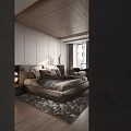 Modern Bedroom Interior With Wooden Headboard Plush Pillows Fluffy Rug And Built-in Shelves