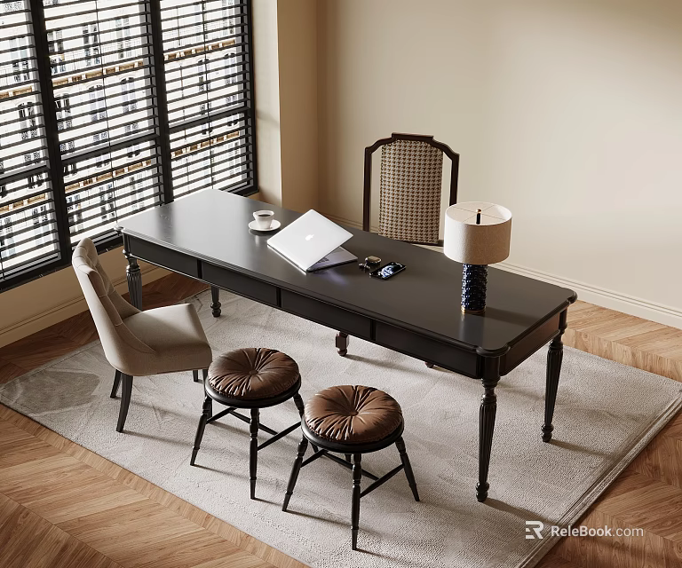Stylish Black Desk With Laptop Coffee Cup Table Lamp Chairs And Stools Near Window Blinds 3d model 