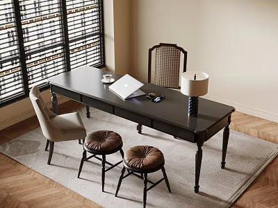 Stylish Black Desk With Laptop Coffee Cup Table Lamp Chairs And Stools Near Window Blinds 3d model