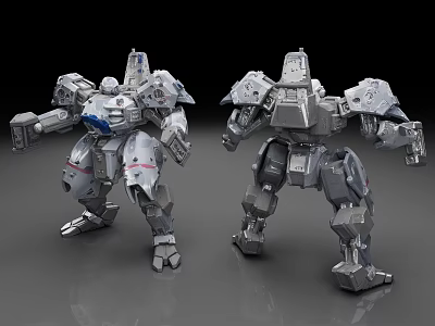 Two Metallic Mechanical Robots With Complex Armored Design And Futuristic Details 3d model