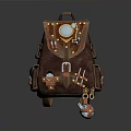 Vintage Brown Backpack With Circular Blue Gemstone Metal Buckles Pendants And Steampunk Design