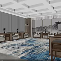 Modern Chinese Hotel Public Lounge Area With Wooden Sofas Decorative Paintings And Area Rug