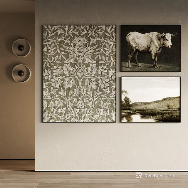 Circular Wall Decor With Patterned Painting Cow Artwork And Landscape Print 3d model