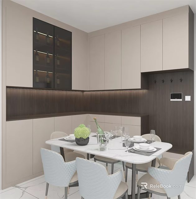 Modern Restaurant Interior With White Cabinets Dark Wooden Wall Dining Table Green Bouquet Wine Glasses And Tableware 3d model 