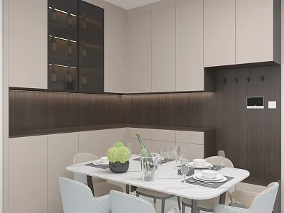 Modern Restaurant Interior With White Cabinets Dark Wooden Wall Dining Table Green Bouquet Wine Glasses And Tableware 3d model