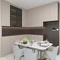 Modern Restaurant Interior With White Cabinets Dark Wooden Wall Dining Table Green Bouquet Wine Glasses And Tableware