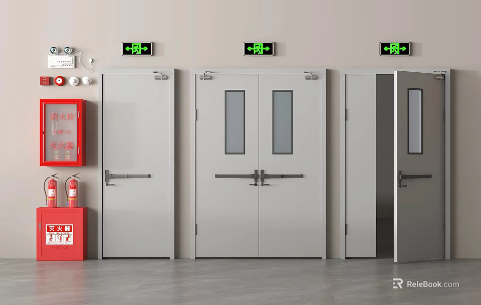 Fire Safety Equipment With Emergency Exit Signs And Fire Doors In Facility 3d model