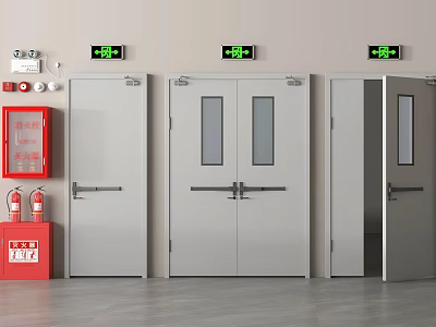 Fire Safety Equipment With Emergency Exit Signs And Fire Doors In Facility 3d model