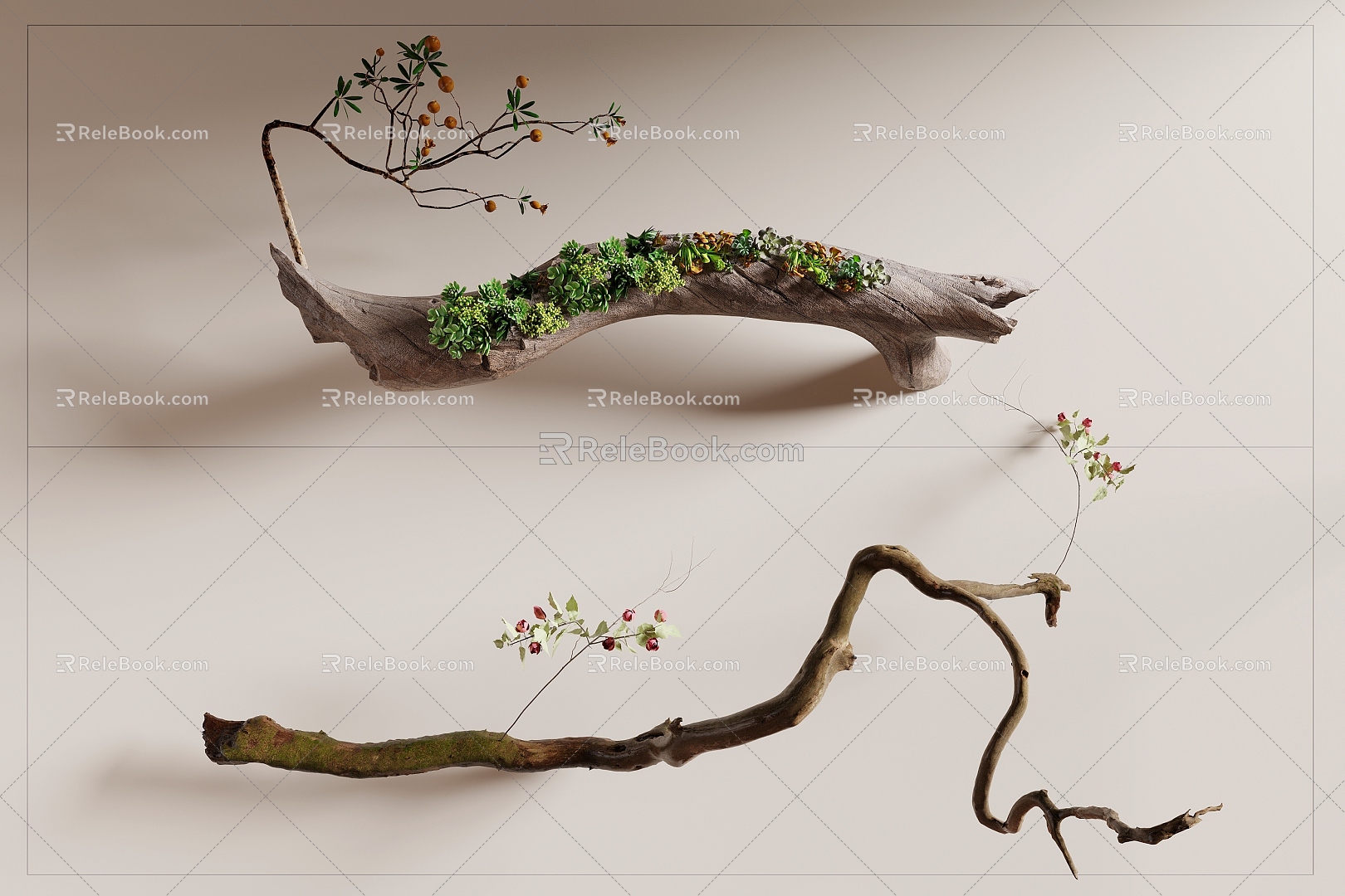 deadwood green plant ornaments old wood withered branches succulent plant green plant ornaments 3d model