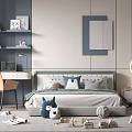 Modern Kids Room Interior Design With Blue White Bed Desk Bookshelf Toys And Carpet