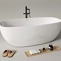 Modern Freestanding White Bathtub With Black Faucet Wooden Tray Towels Slippers And Scented Bottles