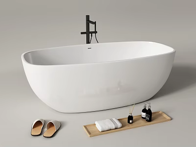Modern Freestanding White Bathtub With Black Faucet Wooden Tray Towels Slippers And Scented Bottles 3d model