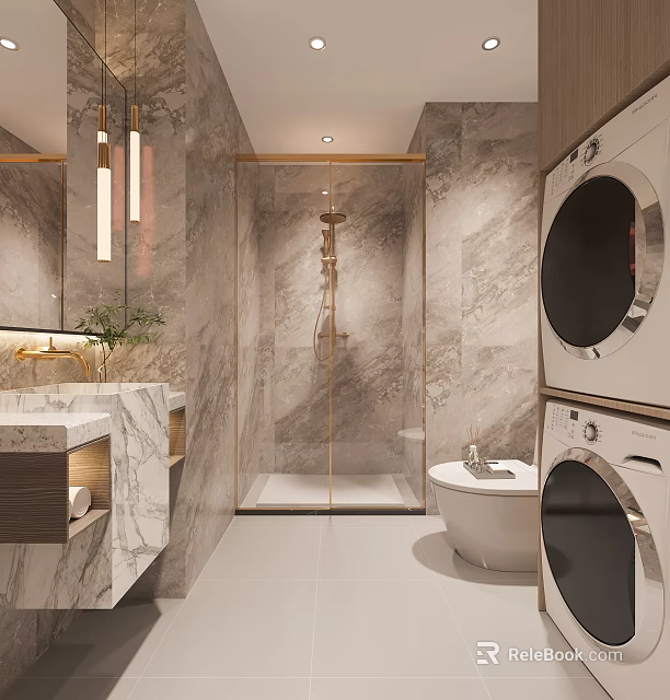 Luxury Modern Marble Styled Bathroom With Vanity Glass Shower Toilet And Stacked Laundry Appliances 3d model 