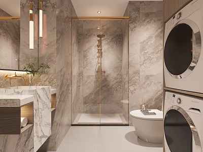Luxury Modern Marble Styled Bathroom With Vanity Glass Shower Toilet And Stacked Laundry Appliances 3d model