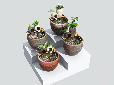 Aquarium Fish Tank Decorative Terracotta Pots With Water Flow And Lush Plants Multi Tiered 3d model