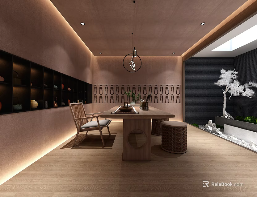 Serene Traditional Tea Room Interior With Wooden Furniture Tea Sets Wall Displays And Water Feature 3d model 