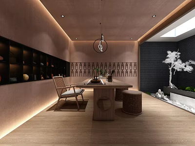 Serene Traditional Tea Room Interior With Wooden Furniture Tea Sets Wall Displays And Water Feature 3d model