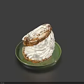 Cream Filled Pastry With White Frosting Topping On Green Plate Against Dark Blue Background