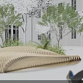 Curved Wooden Strip Landscape Seat In Outdoor Space With Trees And White Building
