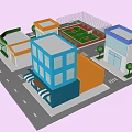 Cartoon City Scene With Colorful Buildings Street Shops Trees And Sports Court