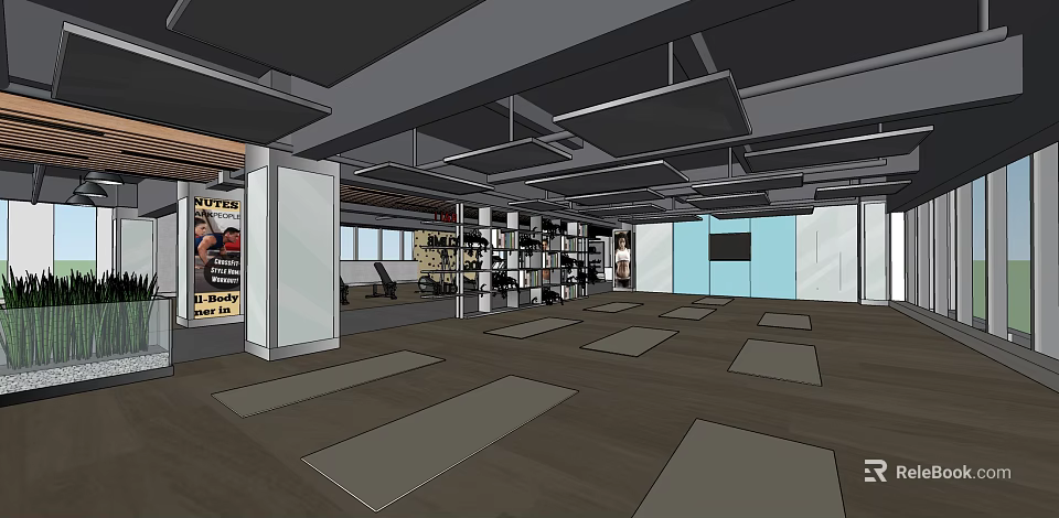 Spacious Fitness Studio With Yoga Mats Equipment Racks And Natural Light 3d model 