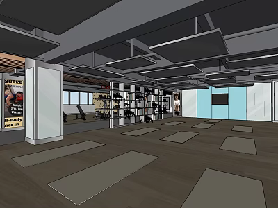 Spacious Fitness Studio With Yoga Mats Equipment Racks And Natural Light 3d model