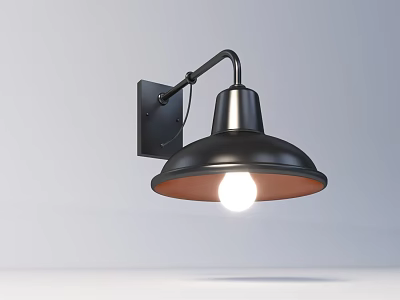 Black Metal Wall Lamp With Curved Arm And Illuminated Bulb Mounted On White Wall 3d model