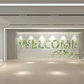 Modern Minimalist Office Front Reception Area With Stylish Linear Ceiling Lighting And Corporate Logo Wall
