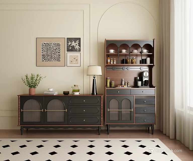 Stylish Dark Wood Sideboard With Glass Doors Table Lamp And Wall Art Decor 3d model 