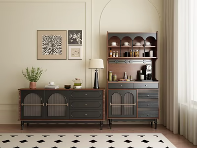 Stylish Dark Wood Sideboard With Glass Doors Table Lamp And Wall Art Decor 3d model