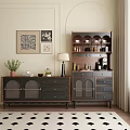 Stylish Dark Wood Sideboard With Glass Doors Table Lamp And Wall Art Decor