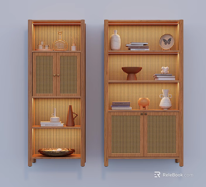 Decorative Ornament Combination on Illuminated Wooden Rattan Shelves with Vases Bowls Plates and Books 3d model 