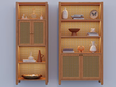 Decorative Ornament Combination on Illuminated Wooden Rattan Shelves with Vases Bowls Plates and Books 3d model