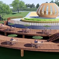 Park Landscape Featuring Circular Wooden Structure Multi tiered Platform Tables Chairs Umbrellas Green Lawn And Trees
