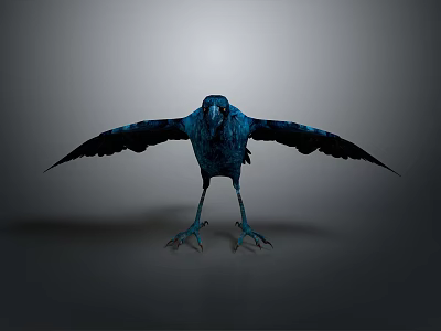 Stunning Deep Blue Crow Standing with Spread Wings in Minimal Gray Background 3d model