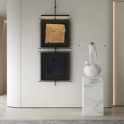 Modern Human Figure Sculpture Carving Standing On White Marble Base With Wall Paintings 3d model