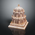 Intricately Carved Multi Layered Stone Building with Dome and Golden Decorations