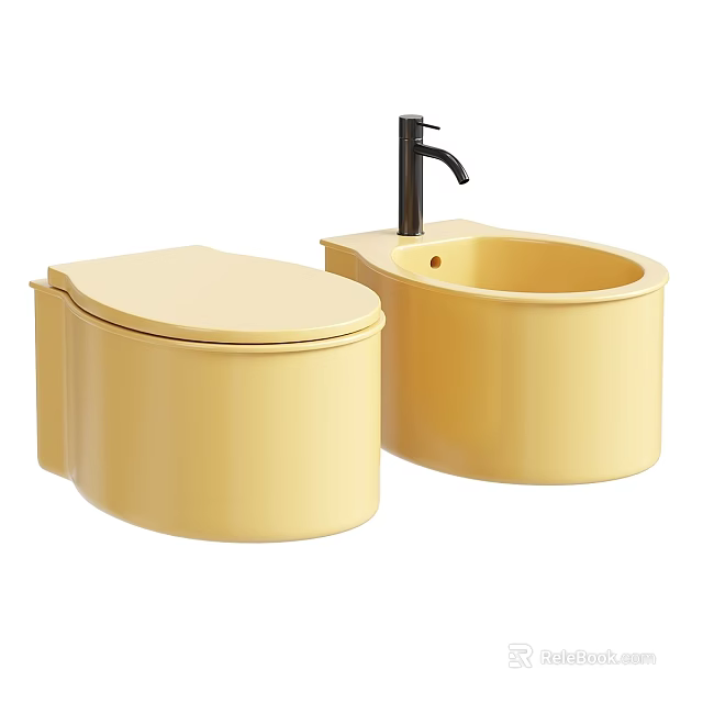 Yellow Bathroom Toilet With Matching Sink And Black Faucet Fixture 3d model 