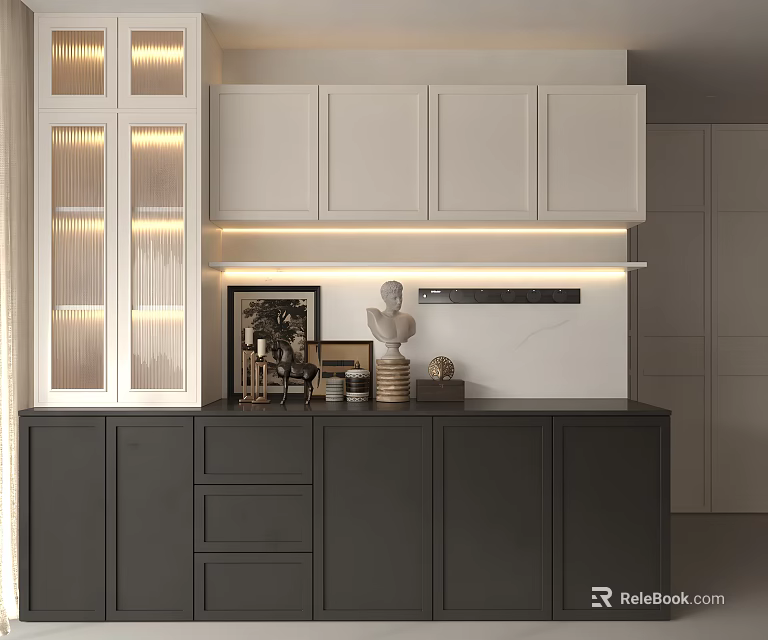 Modern Luxury Sideboard With White Upper Black Lower Cabinets Glass Doors Light Strips And Decor 3d model 