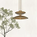 Minimalist Two Tier Disc Brass Chandelier Hanging With Green Indoor Tree And Neutral Wall