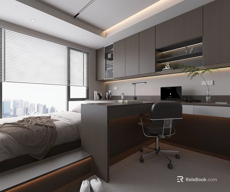 Modern Tatami Bedroom with Large Window City View Desk Computer and Storage Cabinets 3d model 