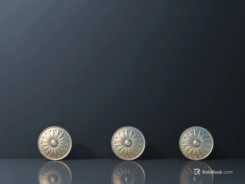 Three Elegant Round Metal Handles With Decorative Patterns And Reflective Surface On Dark Background 3d model 