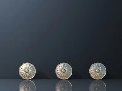 Three Elegant Round Metal Handles With Decorative Patterns And Reflective Surface On Dark Background 3d model