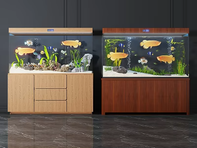 Two Aquariums with Goldfish Aquatic Plants and Stones on Light Dark Cabinets 3d model