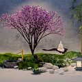 Karesansui Zen Garden Design With Purple Cherry Blossom Bamboo Moss Stones And White Statue