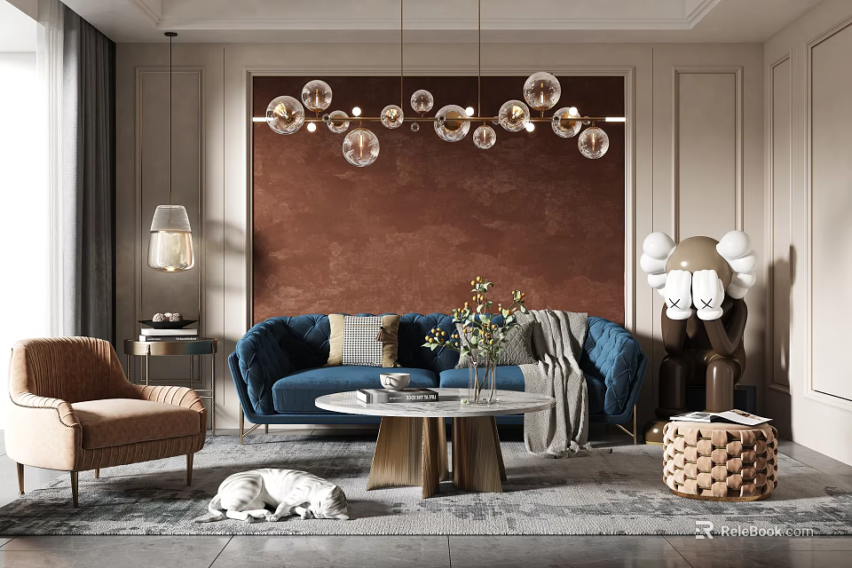 Modern Living Room With Blue Sofa Spherical Chandelier Beige Armchair And Coffee Table 3d model 
