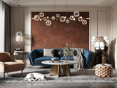 Modern Living Room With Blue Sofa Spherical Chandelier Beige Armchair And Coffee Table 3d model