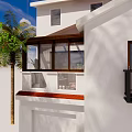 Tropical White Detached Villa With Palm Trees Greenery And Blue Sky